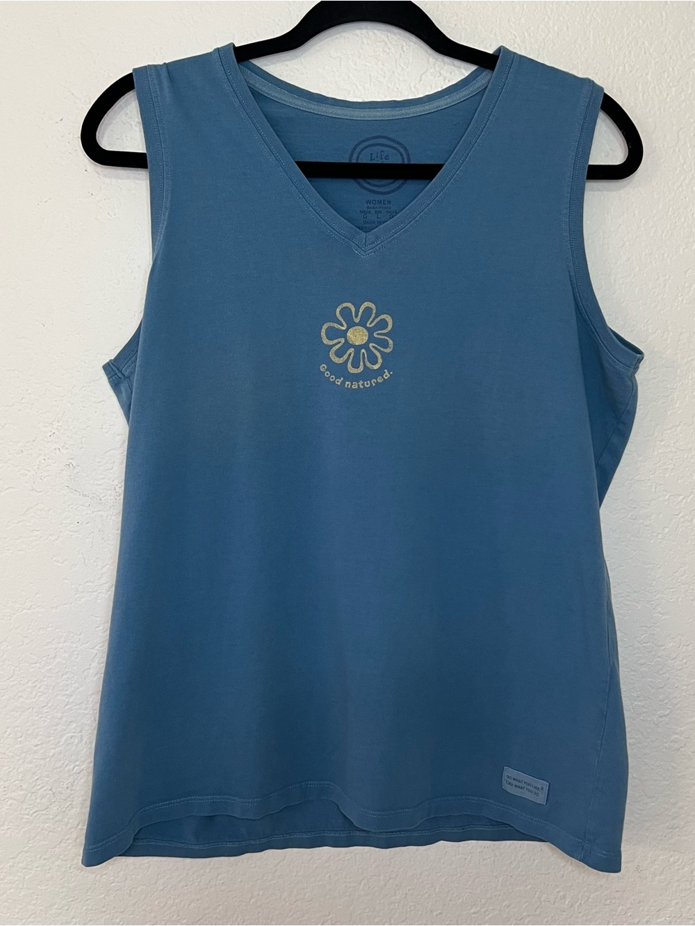 Life is Good Blue Tank Top Women’s Size Large Crusher Daisy Cotton Good Natured